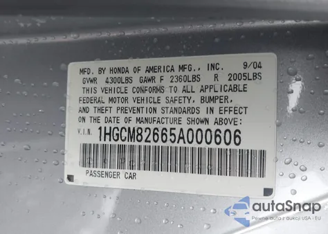 2005 Honda Accord 3.0 Ex из США, поврежденный, VIN 1HGCM82665A000606